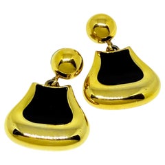 Vintage MONET signed gold tone black enamel designer dangle earrings