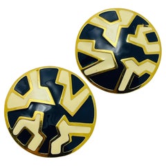 Vintage MONET signed gold tone enamel modernist designer clip on earrings