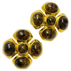 Vintage MONET signed gold tone Maltese cross designer runway clip on earrings