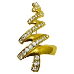 Vintage MONET signed gold tone rhinestone Christmas tree designer brooch