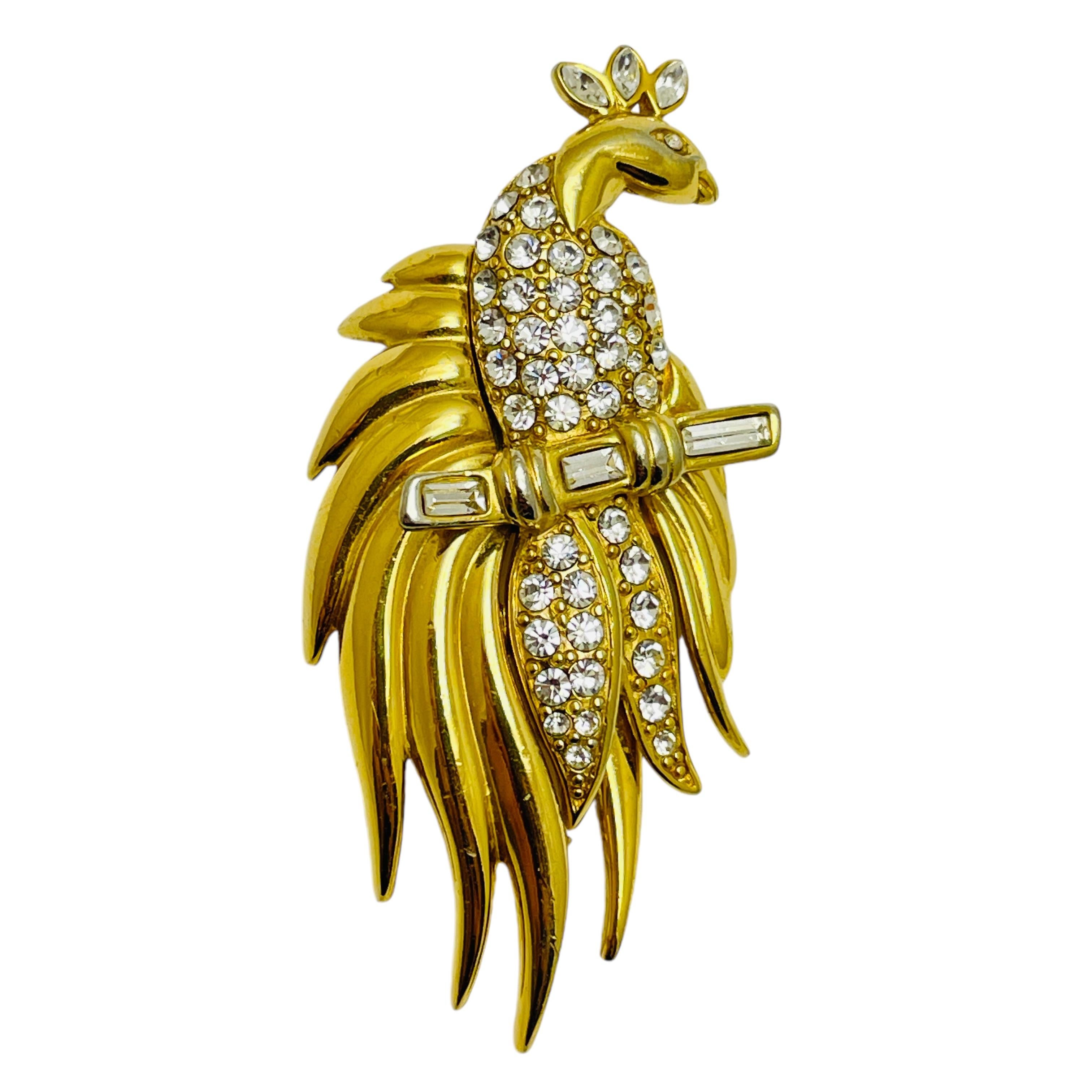Vintage MONET signed gold tone rhinestones bird  designer brooch For Sale