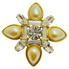 Vintage MONET signed maltese cross gold tone pearl glass designer brooch
