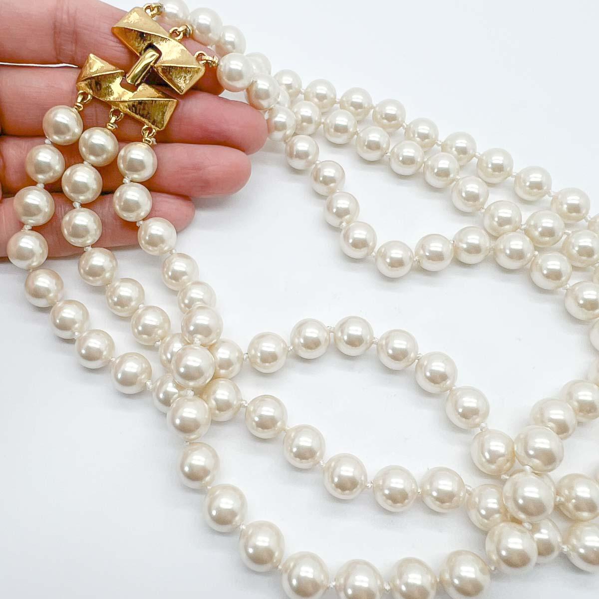 1980s Monet Goldtone 3-Strand White, Tan & Silver Faux-Pearls Necklace |  Chairish