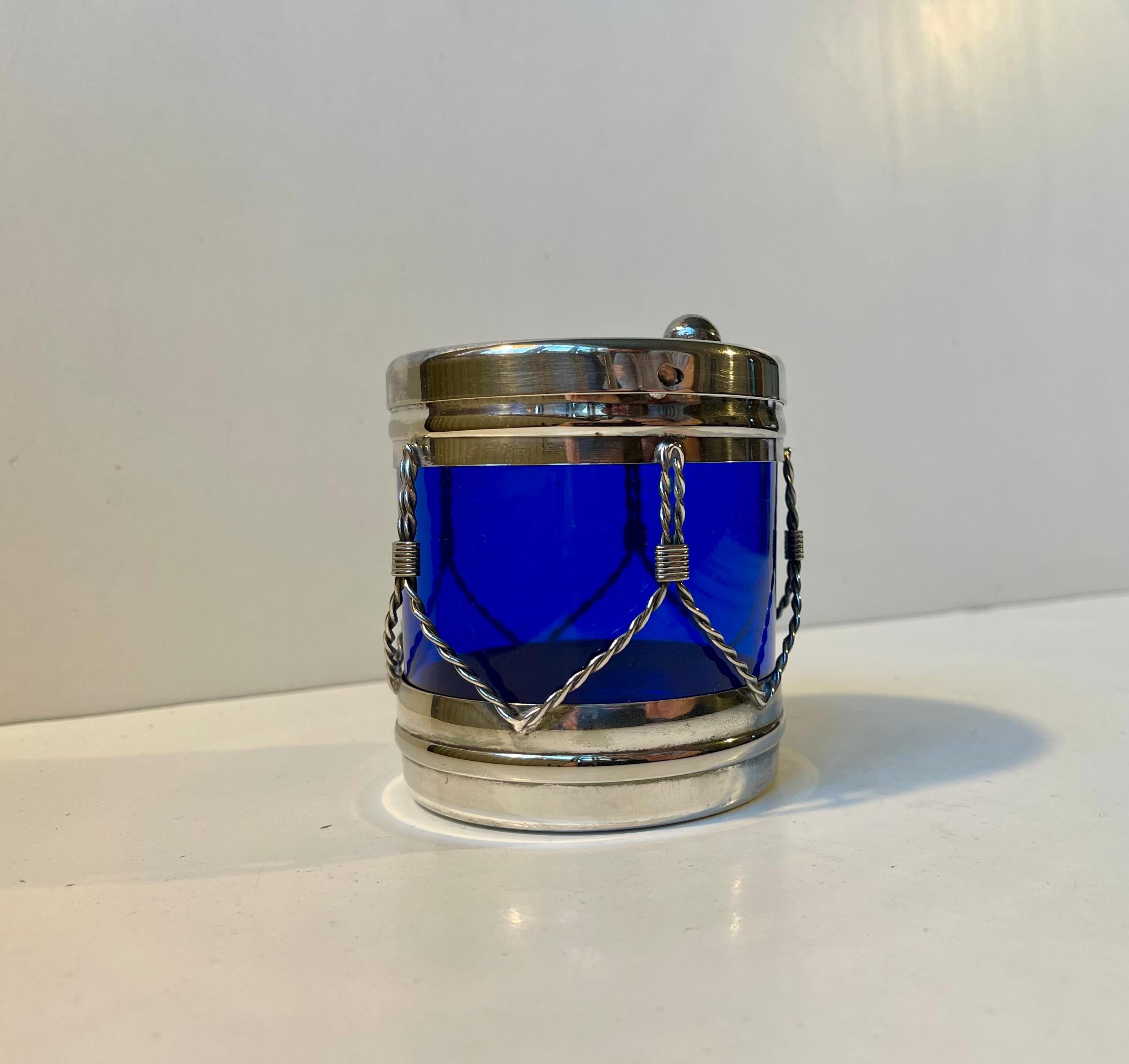 Fusto salvadanaio d'epoca in vetro blu e placca d'argento, anni '70 In condizioni buone in vendita a Esbjerg, DK