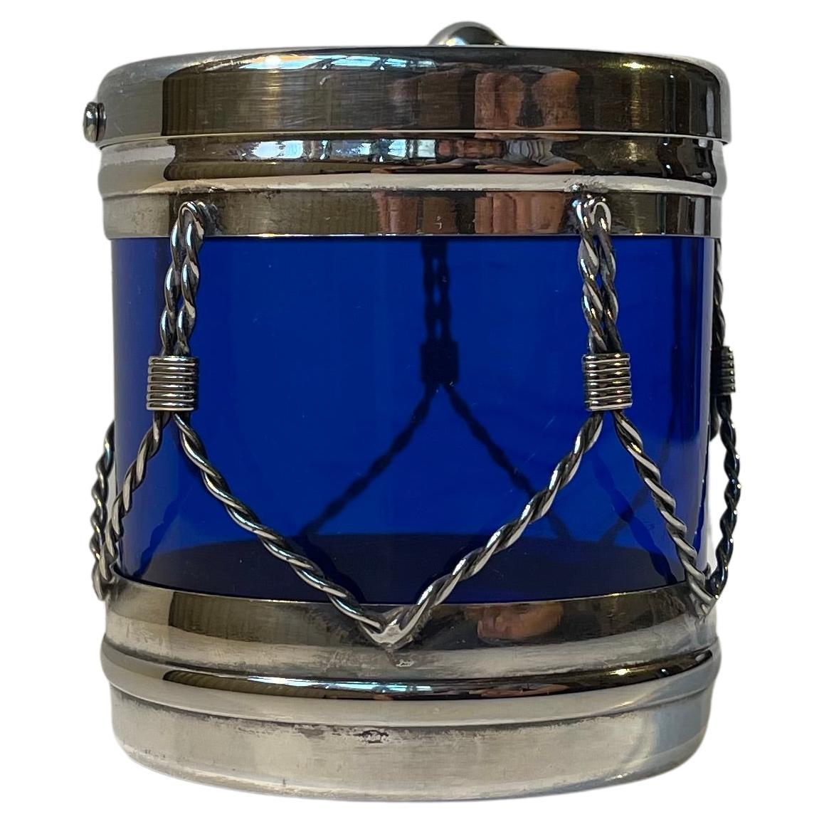 Tambour de banque d'argent vintage en verre bleu et plaqué argent, 1970