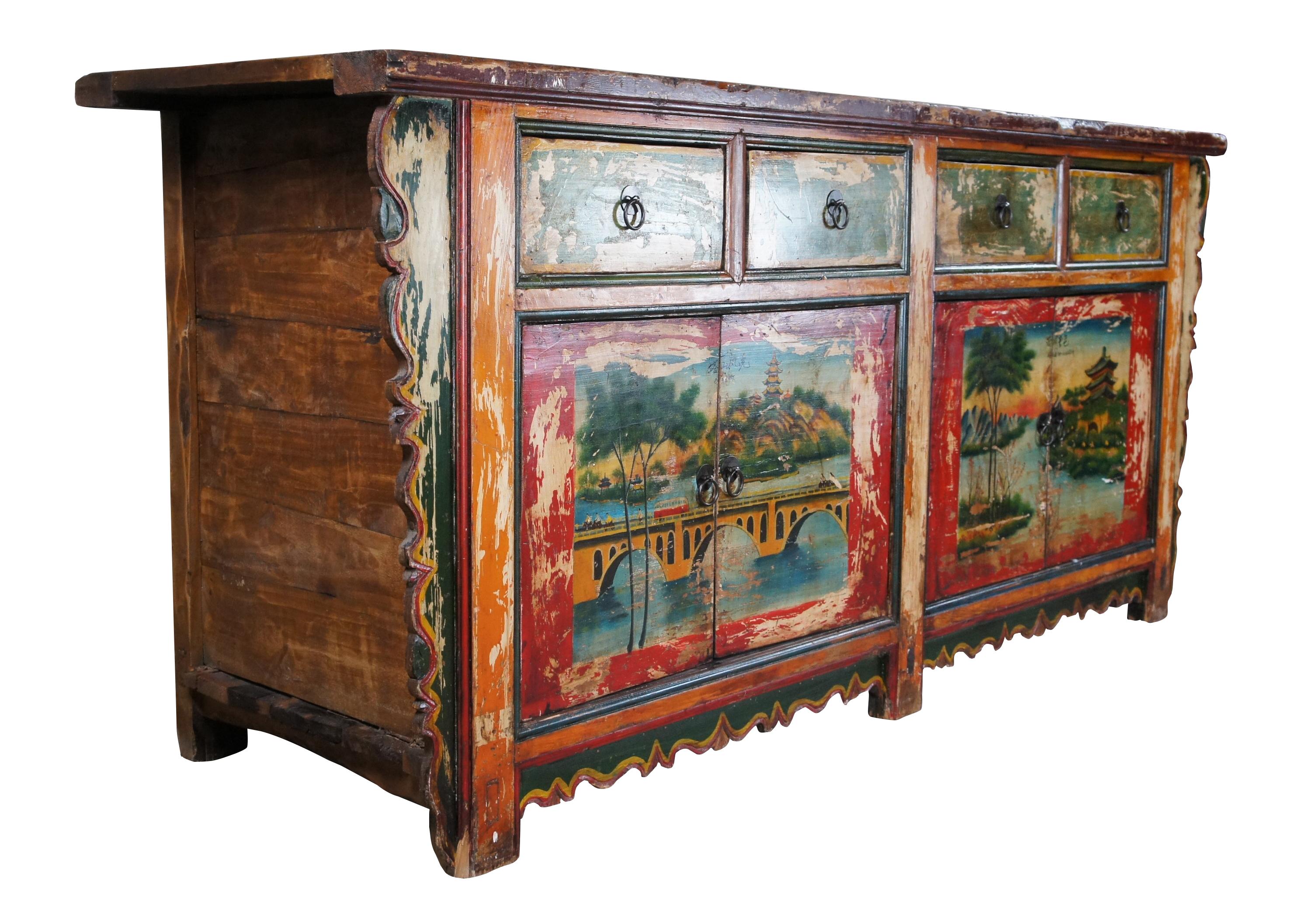 Vintage Mongolian Chinoiserie Painted Elm Sideboard Cabinet Console Credenza 80