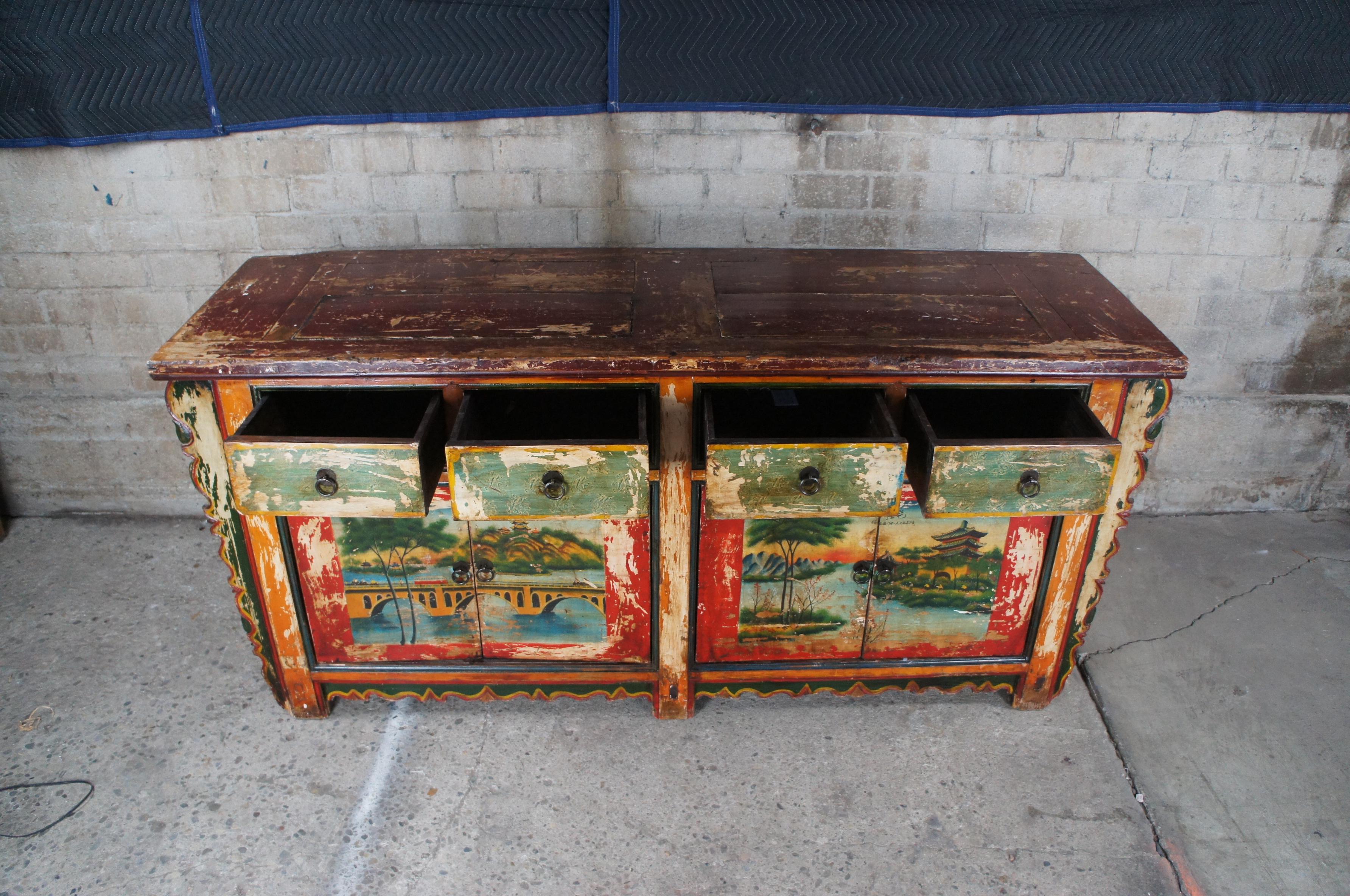 Vintage Mongolian Chinoiserie Painted Elm Sideboard Cabinet Console Credenza 80