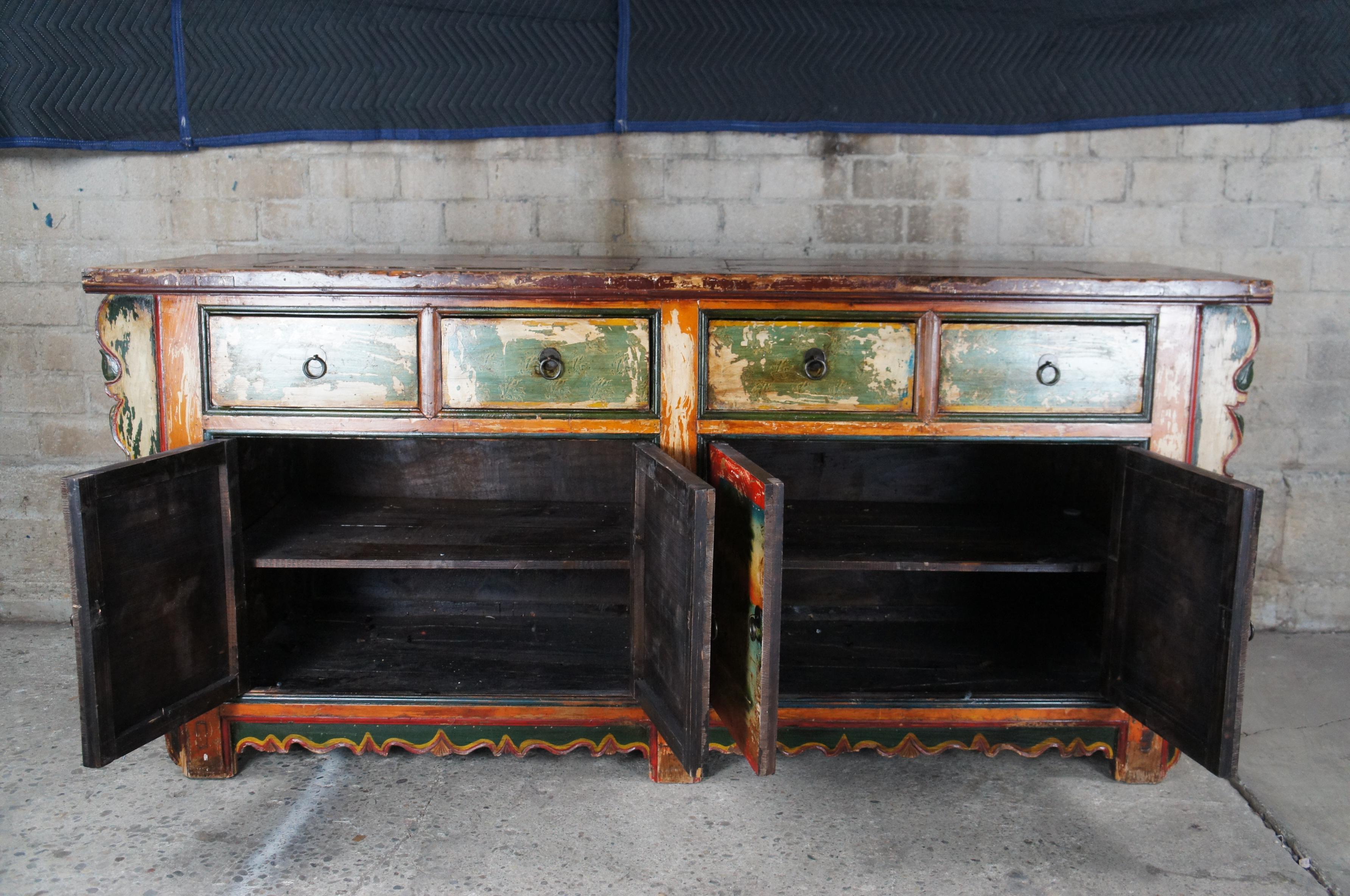 Vintage Mongolian Chinoiserie peinte Elm Sideboard Cabinet Console Credenza 80