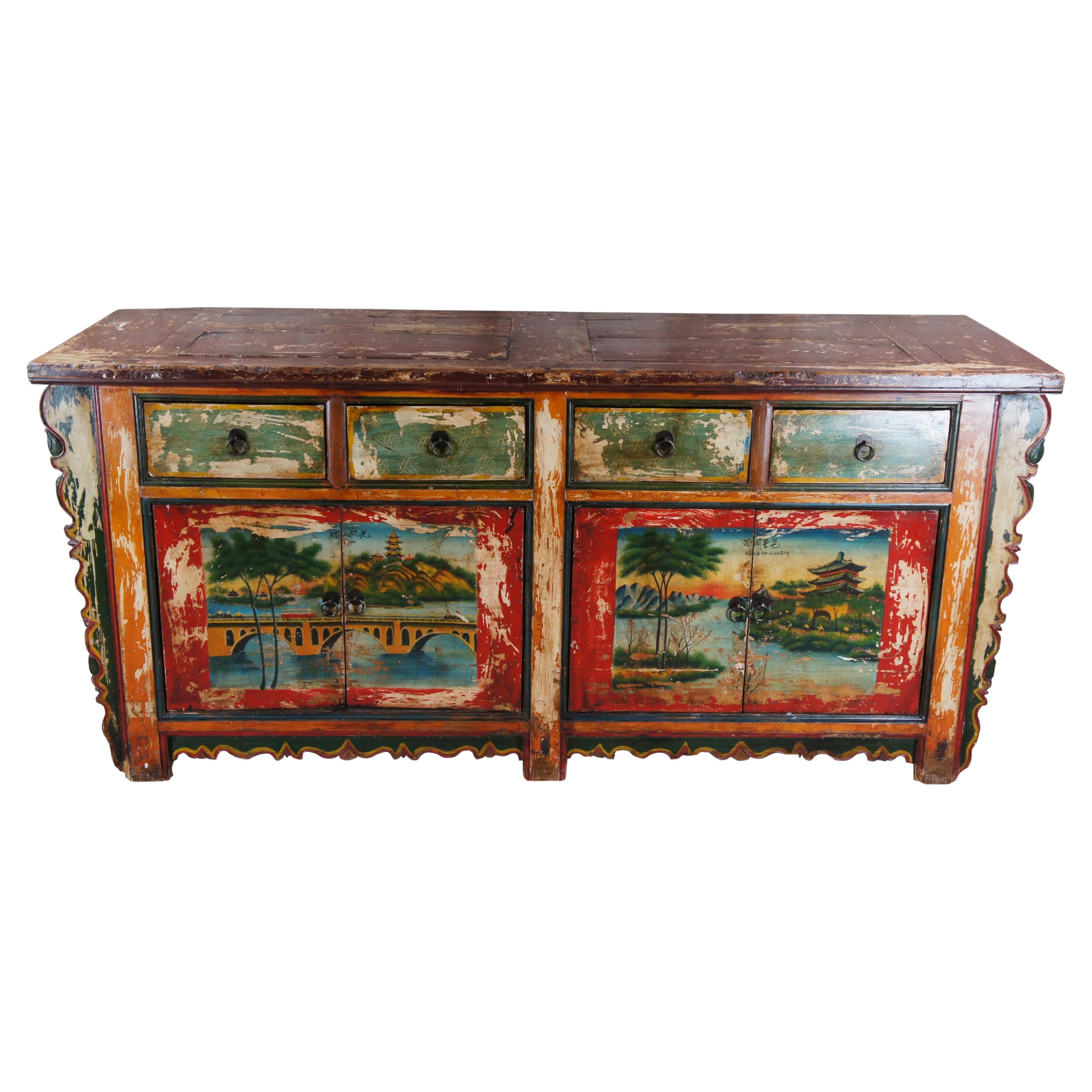 Vintage Mongolian Chinoiserie Painted Elm Sideboard Cabinet Console Credenza 80" For Sale