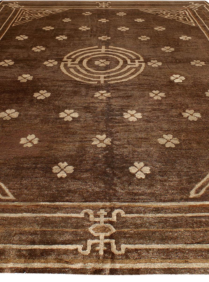 Vintage Mongolian chocolate brown handmade wool carpet
Size: 8'7