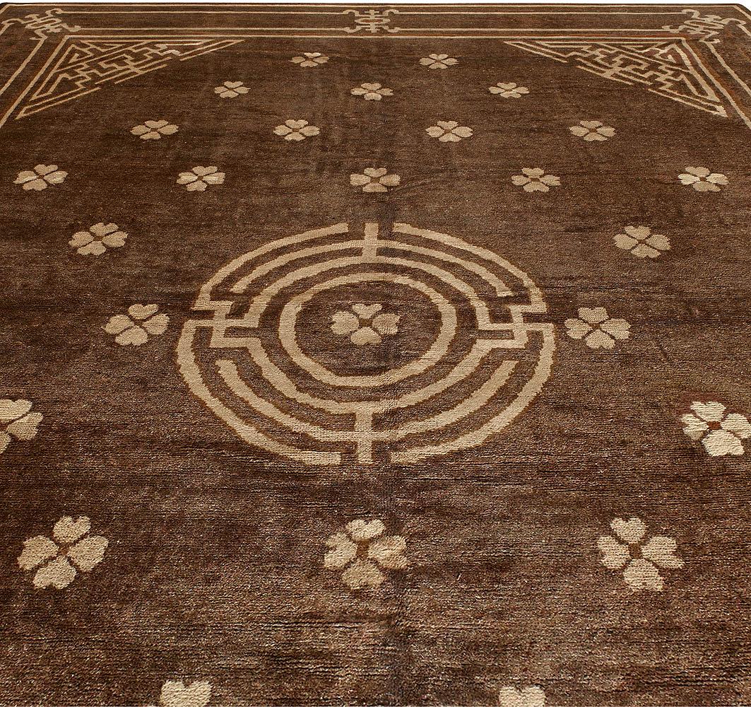 Hand-Knotted Doris Leslie Blau Vintage Mongolian Chocolate Brown Handmade Wool Rug For Sale