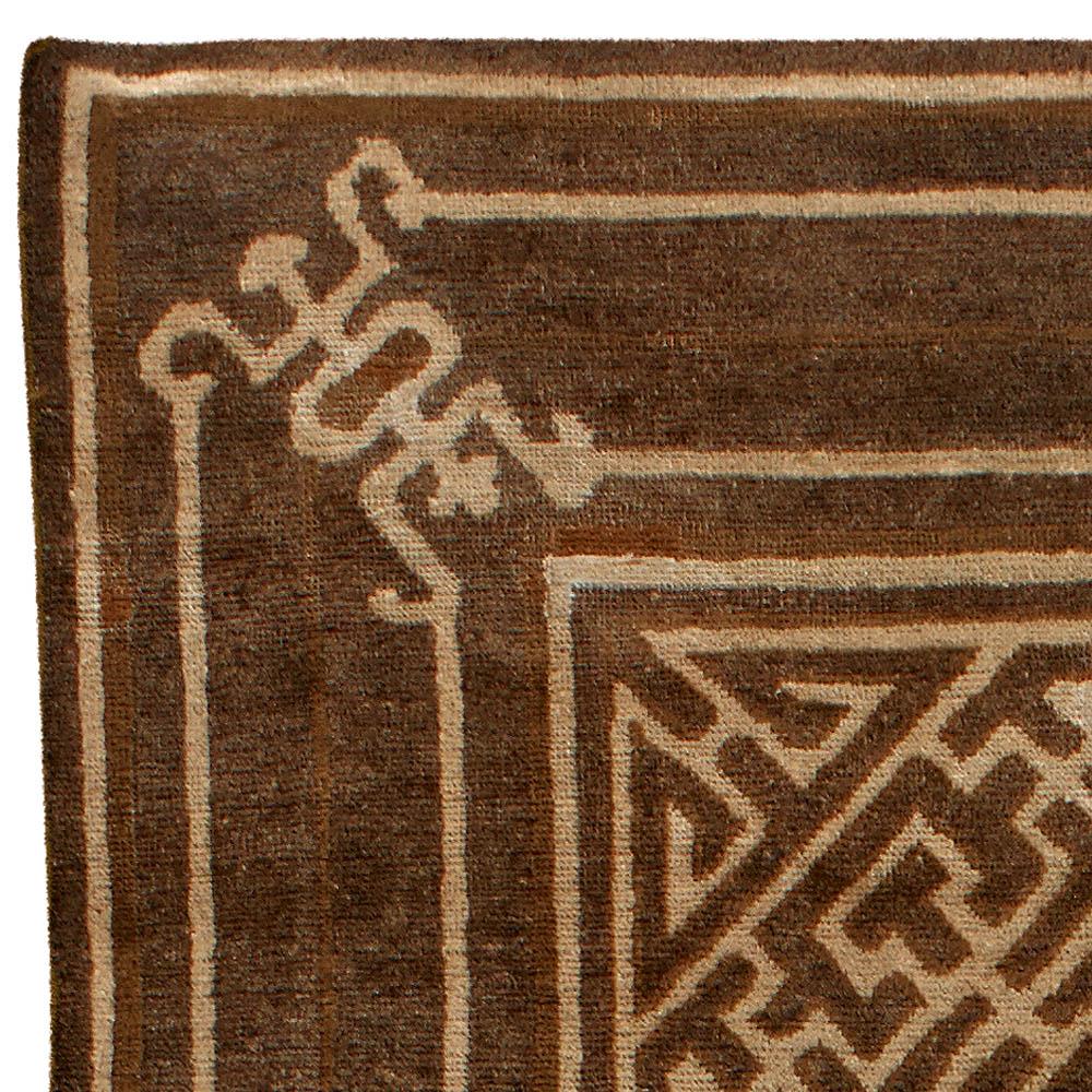 Vintage Mongolian Chocolate Brown Handmade Wool Rug In Good Condition For Sale In New York, NY