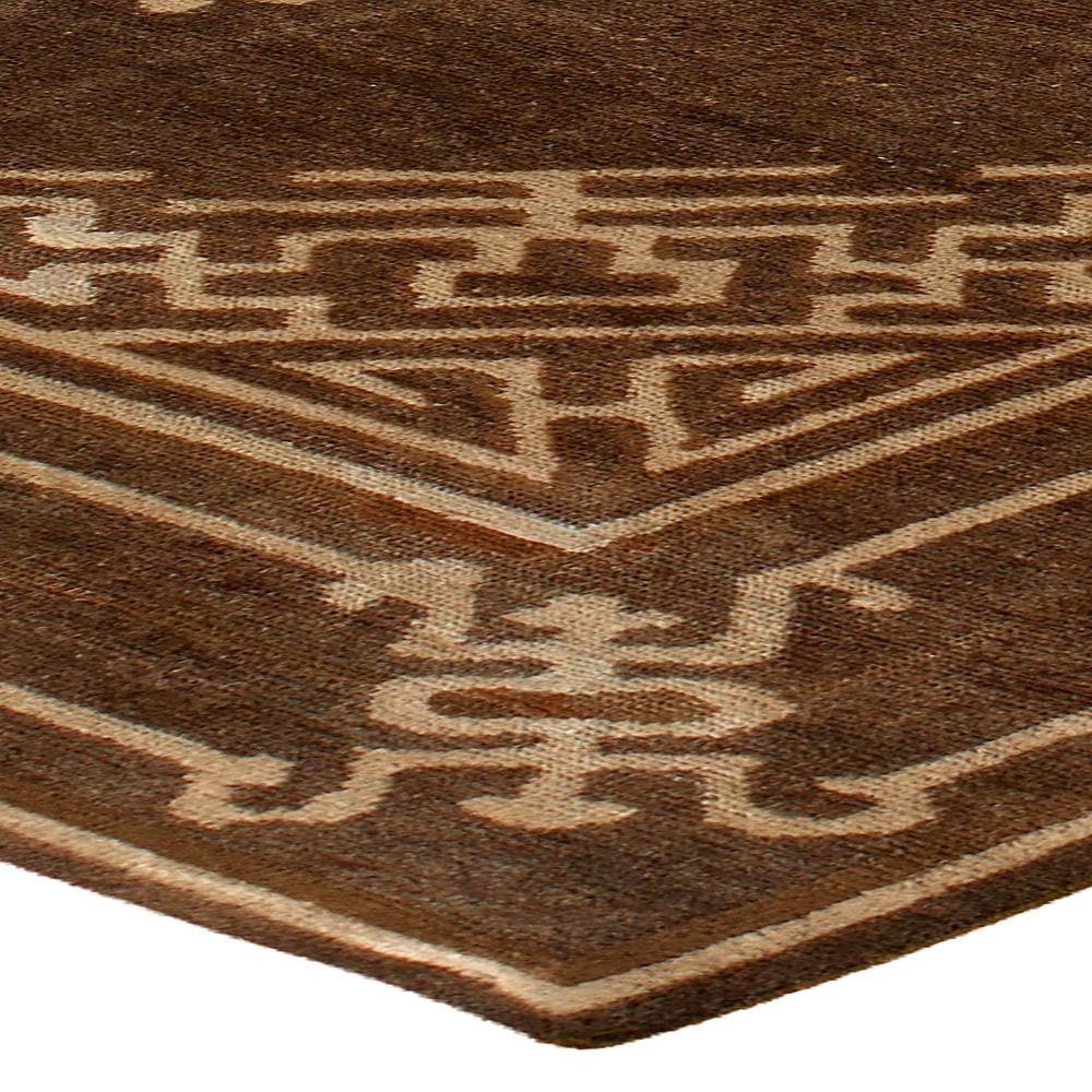 20th Century Vintage Mongolian Chocolate Brown Handmade Wool Rug For Sale