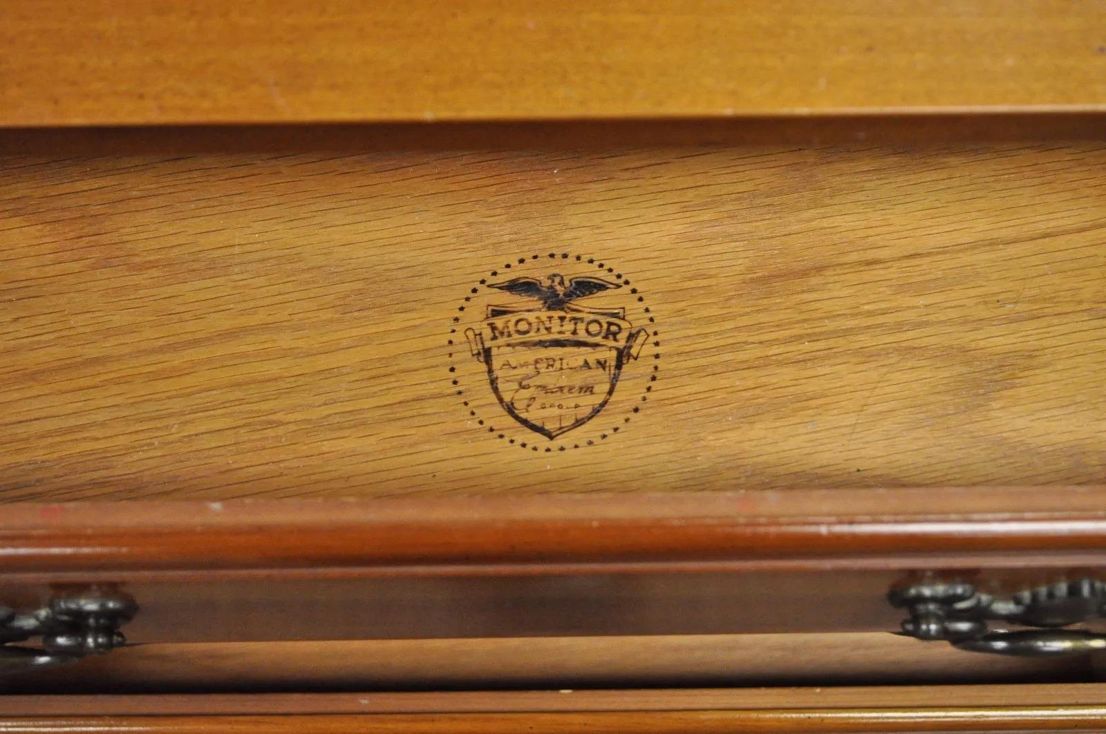 Vintage Monitor American Emblem Colonial Cherry Wood Long Dresser Chest & Mirror For Sale 2