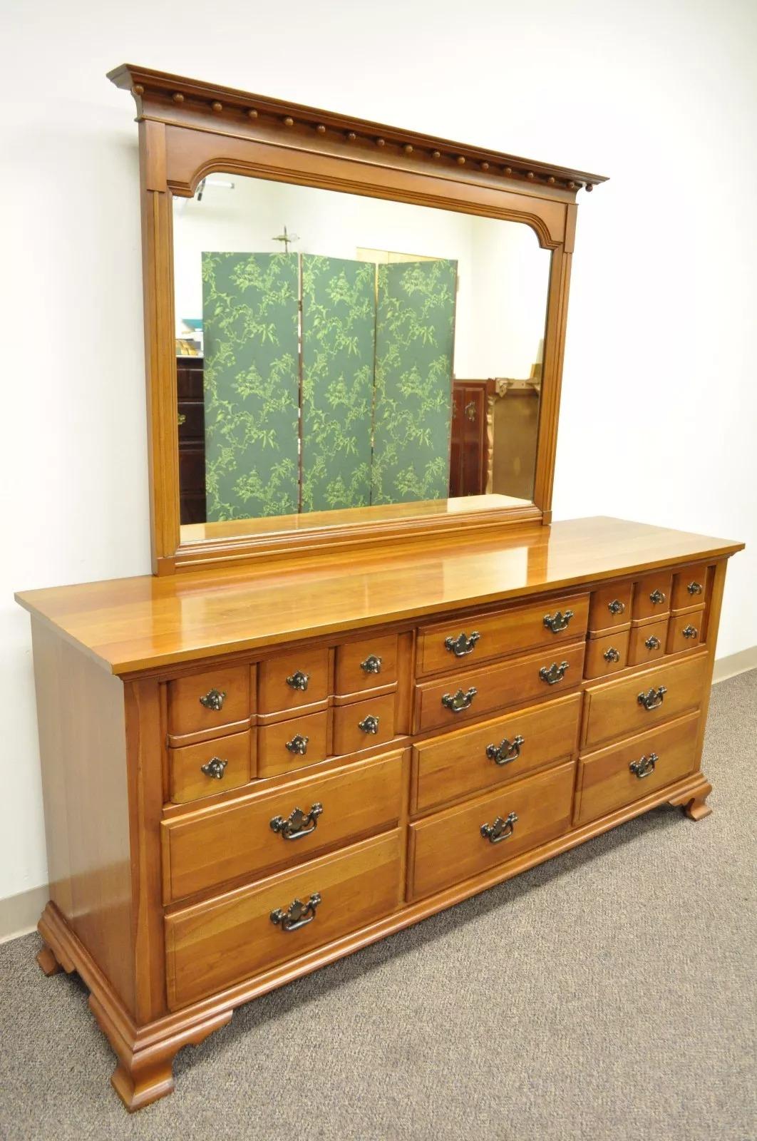 Vintage Monitor American Emblem Colonial Cherry Wood Long Dresser Chest & Mirror For Sale 4