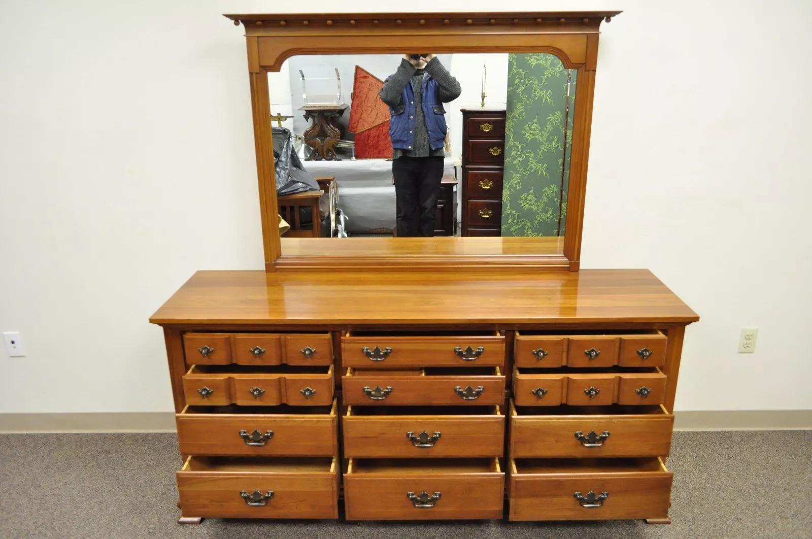 Unknown Vintage Monitor American Emblem Colonial Cherry Wood Long Dresser Chest & Mirror For Sale