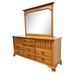 Vintage Monitor American Emblem Colonial Cherry Wood Long Dresser Chest & Mirror