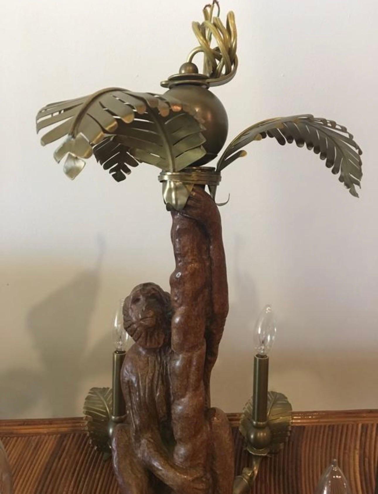Vintage monkey and brass palm frond leaf leaves tree chandelier with six lights. Great tropical Palm Beach piece. Does not have ceiling canopy but will include brass chain.