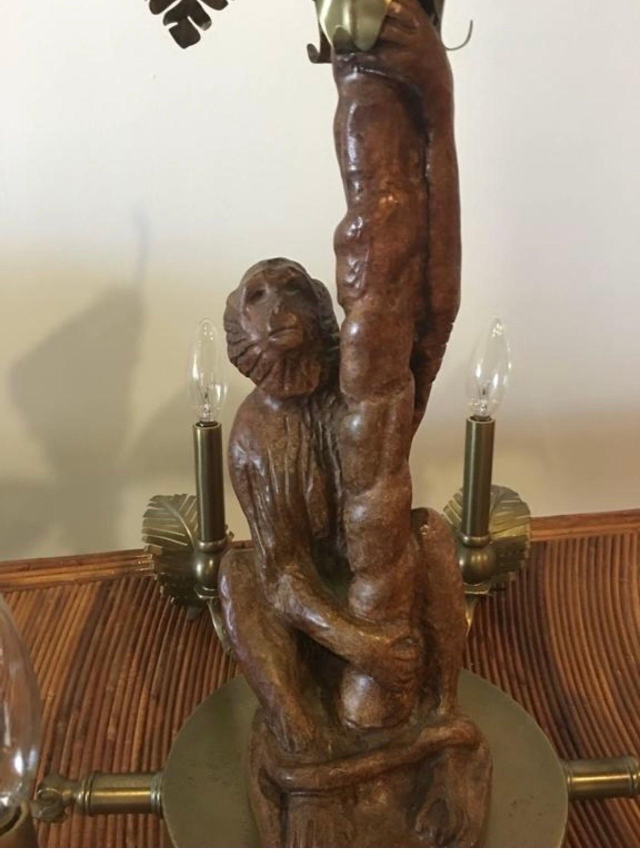 Hollywood Regency Vintage Monkey & Brass Palm Frond Leaf Tree Chandelier Tropical Palm Beach For Sale