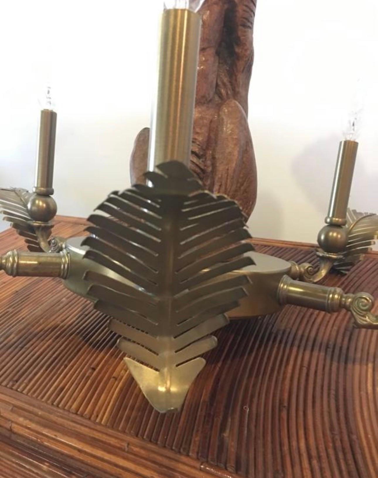 Vintage Monkey & Brass Palm Frond Leaf Tree Chandelier Tropical Palm Beach In Good Condition For Sale In West Palm Beach, FL
