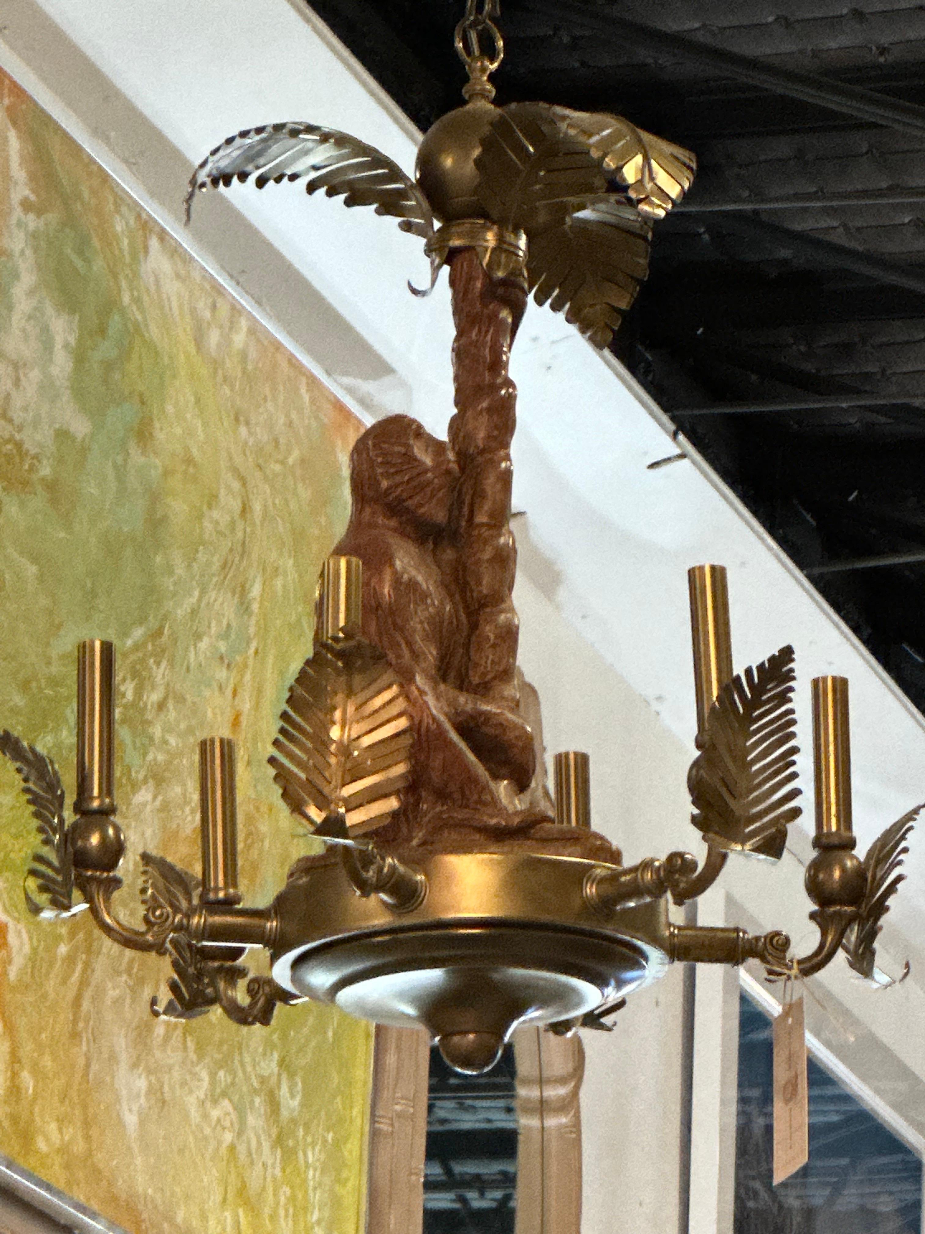 Late 20th Century Vintage Monkey & Brass Palm Frond Leaf Tree Chandelier Tropical Palm Beach For Sale