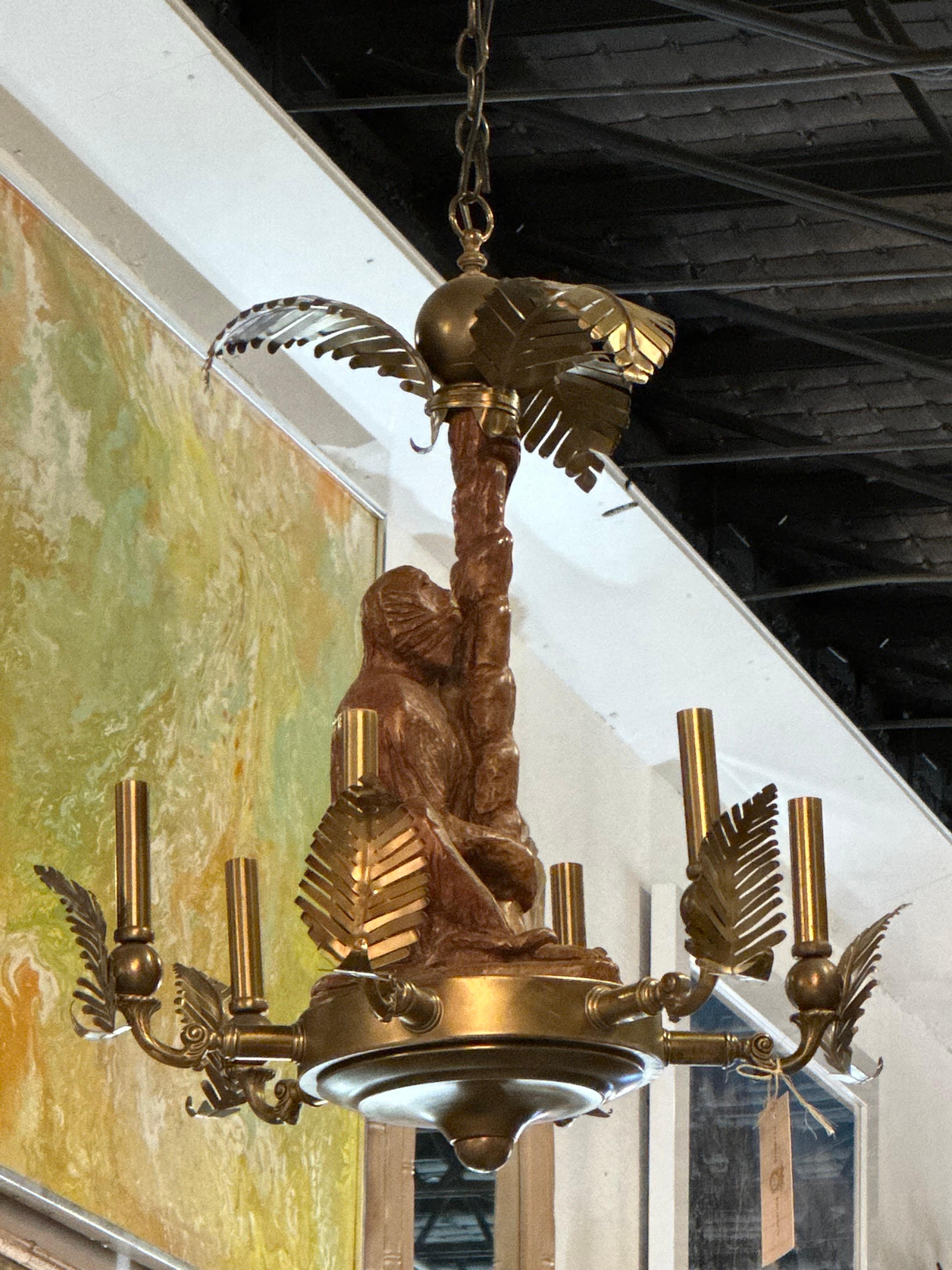 Vintage Monkey & Brass Palm Frond Leaf Tree Chandelier Tropical Palm Beach For Sale 1