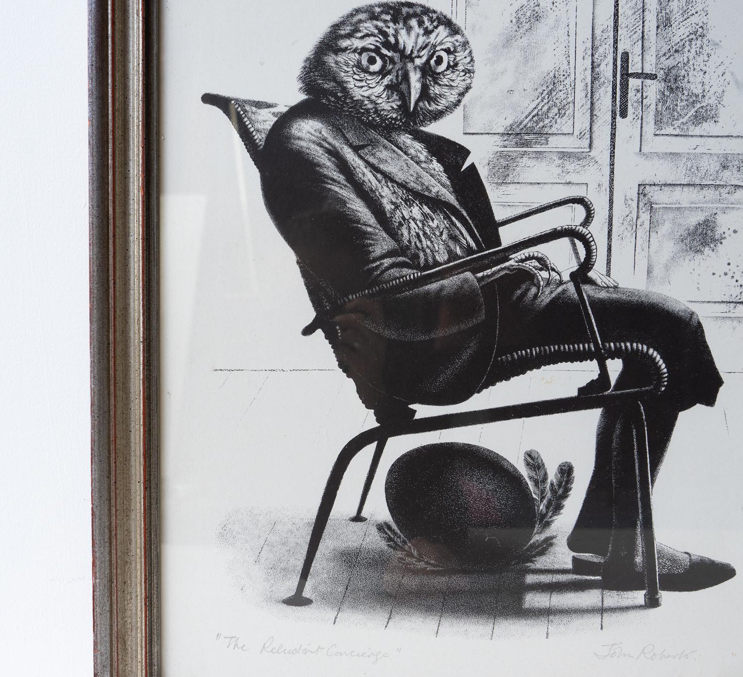 Vintage Monochrome Anthropomorphic Owl Print By John Roberts, Mid 20th Century For Sale 4