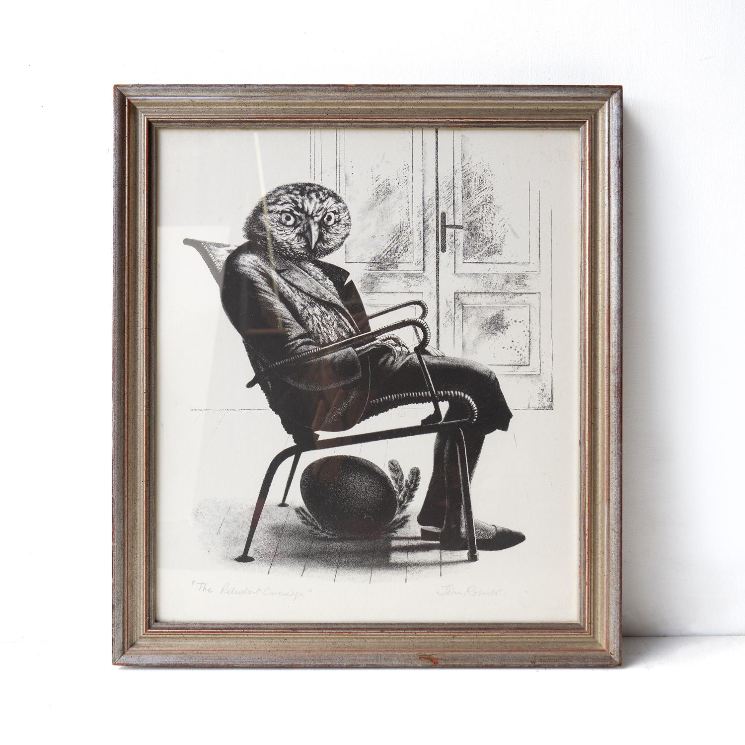 VINTAGE FRAMED PRINT
Entitled ‘The Reluctant Concierge’, An owl in human clothes is guarding an egg situated underneath his stylish mid-century armchair. 

Signed in the margin in pencil ‘John Roberts’. 

Probably dating to the mid-20th Century,