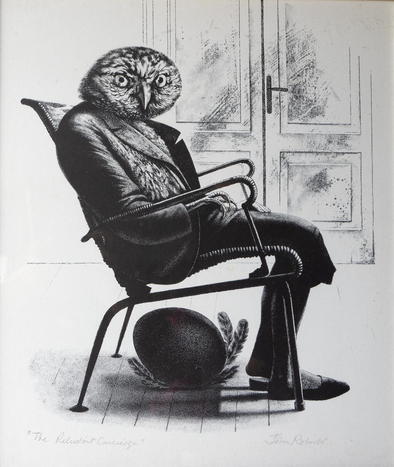 Vintage Monochrome anthropomorphe Eule Druck von John Roberts, Mitte des 20. im Zustand „Gut“ im Angebot in Bristol, GB