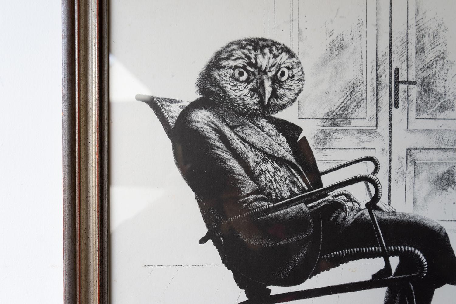 Vintage Monochrome Anthropomorphic Owl Print By John Roberts, Mid 20th Century In Good Condition For Sale In Bristol, GB
