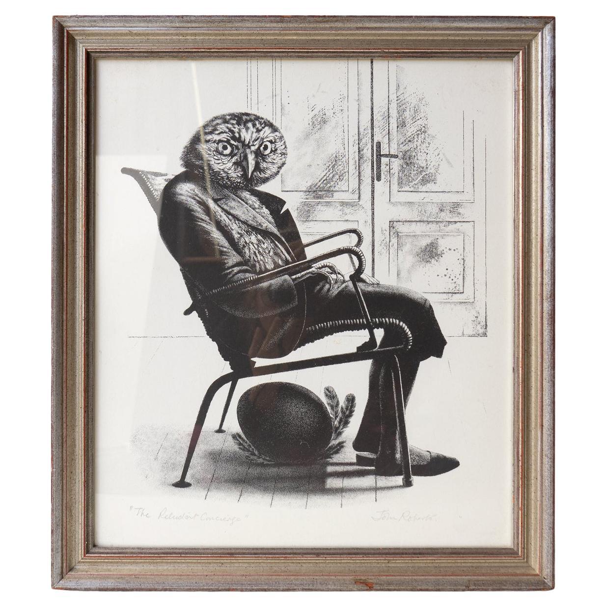 Vintage Monochrome Anthropomorphic Owl Print By John Roberts, Mid 20th Century For Sale