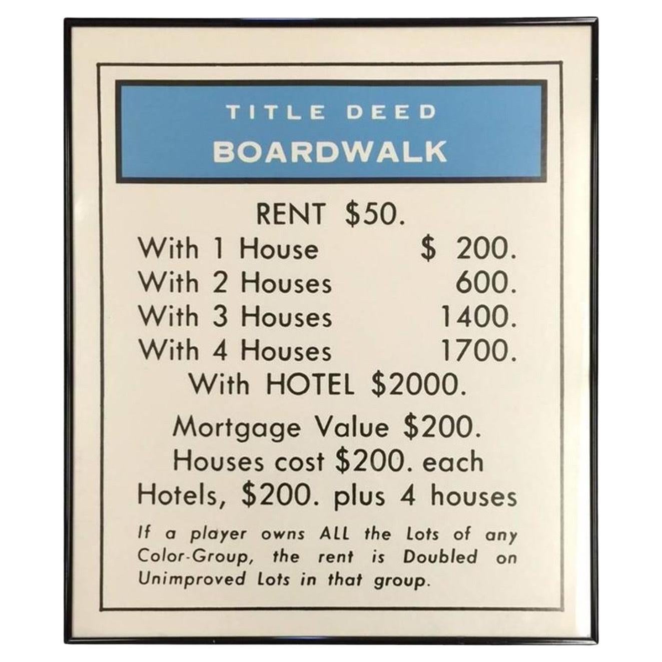 Litografía Vintage del Juego del Monopoly "Boardwalk" Título de Propiedad