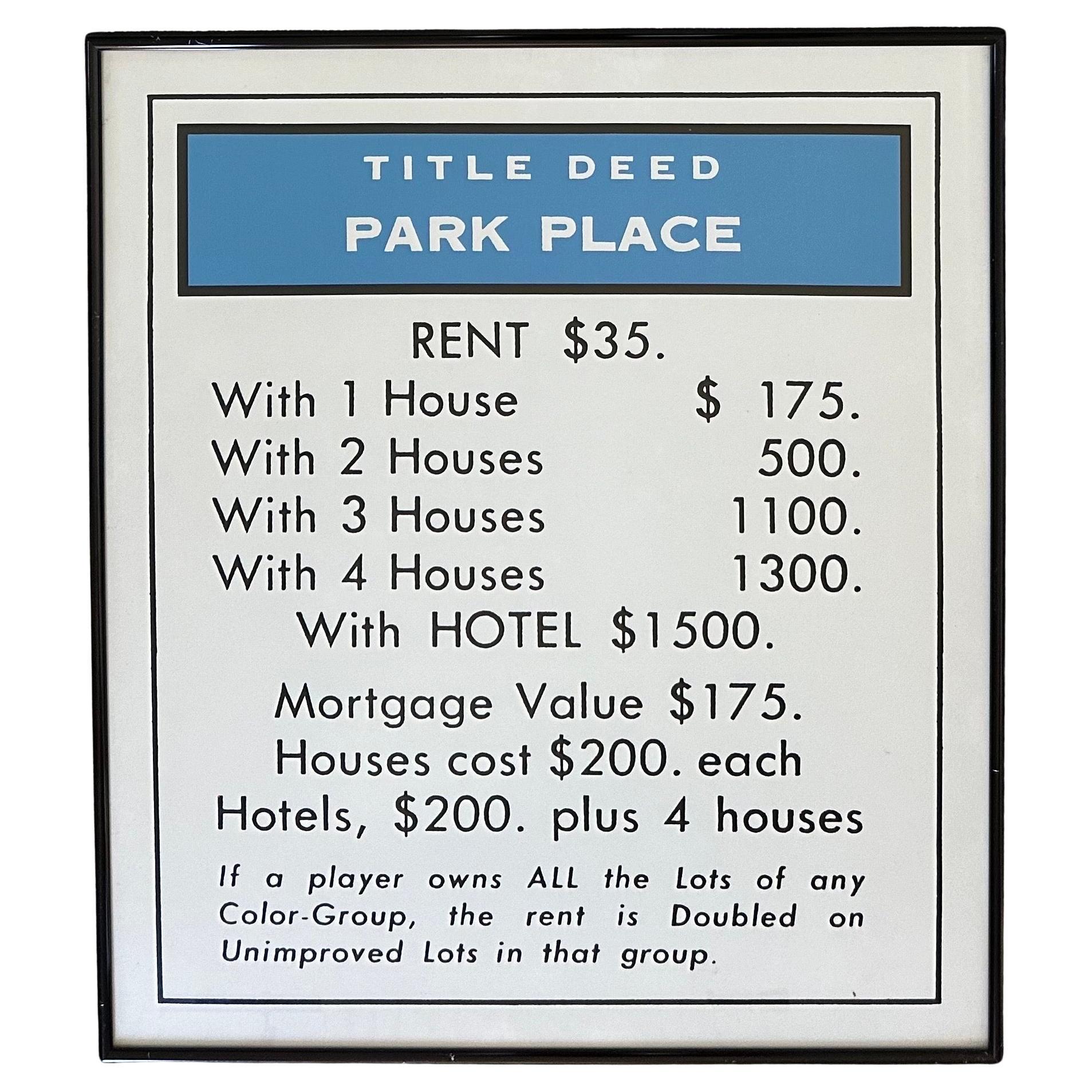 Litografía Vintage del Juego del Monopoly "Park Place" Título de Propiedad en venta