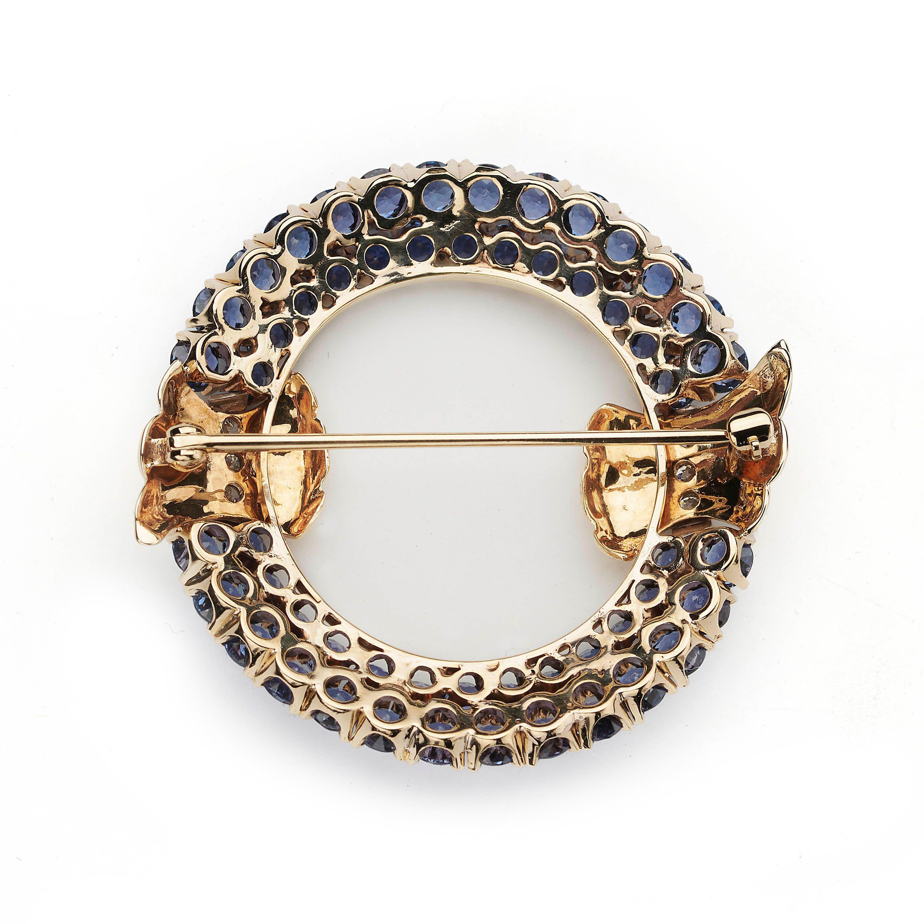 Round Cut Vintage Montana Sapphire, Diamond and Gold Brooch, circa 1950 For Sale