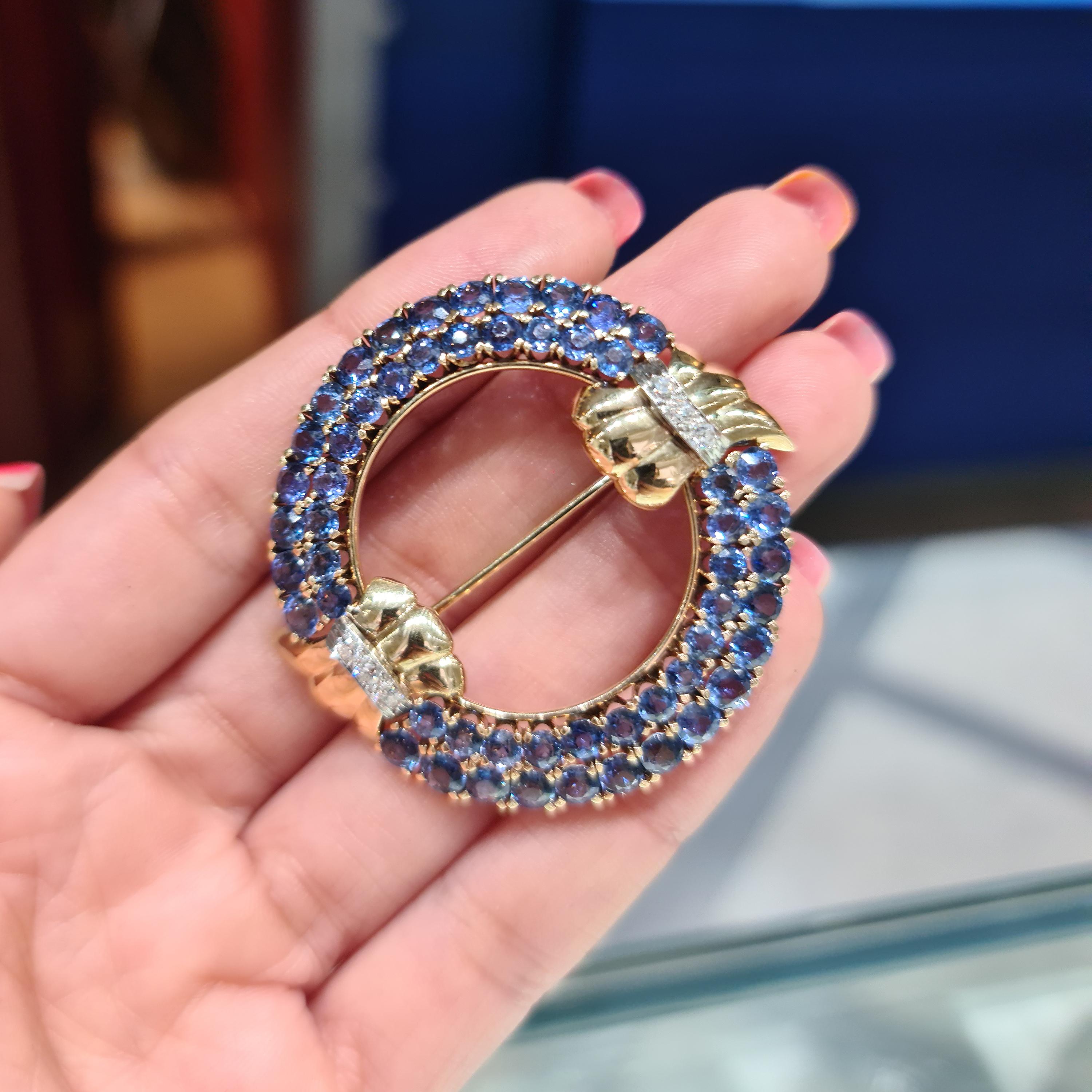 Women's Vintage Montana Sapphire, Diamond and Gold Brooch, circa 1950 For Sale