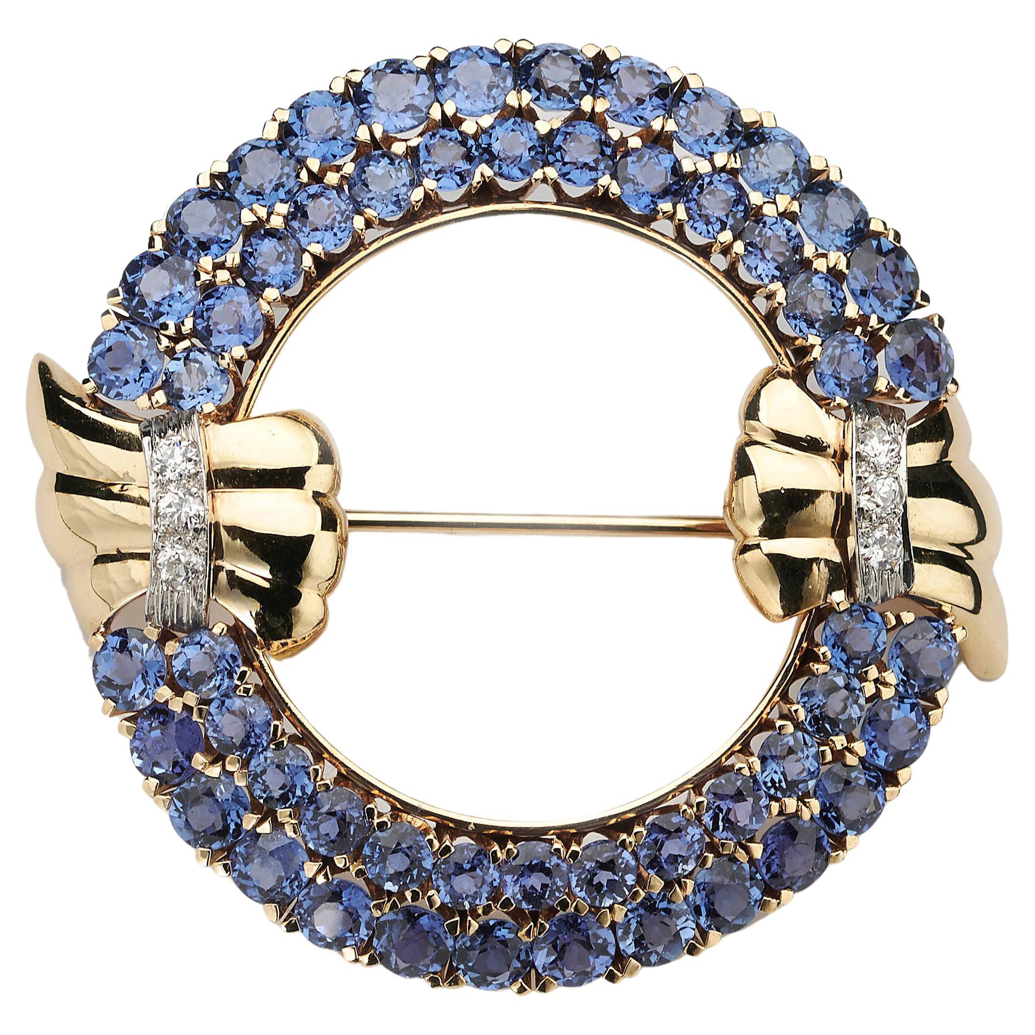 Vintage Montana Sapphire, Diamond and Gold Brooch, circa 1950 For Sale