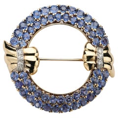 Vintage Montana Sapphire, Diamond and Gold Brooch, circa 1950