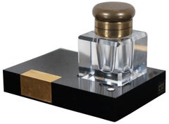 Vintage Montblanc Cut Crystal & Brass Desktop Inkwell Stand Black Gold, Germany
