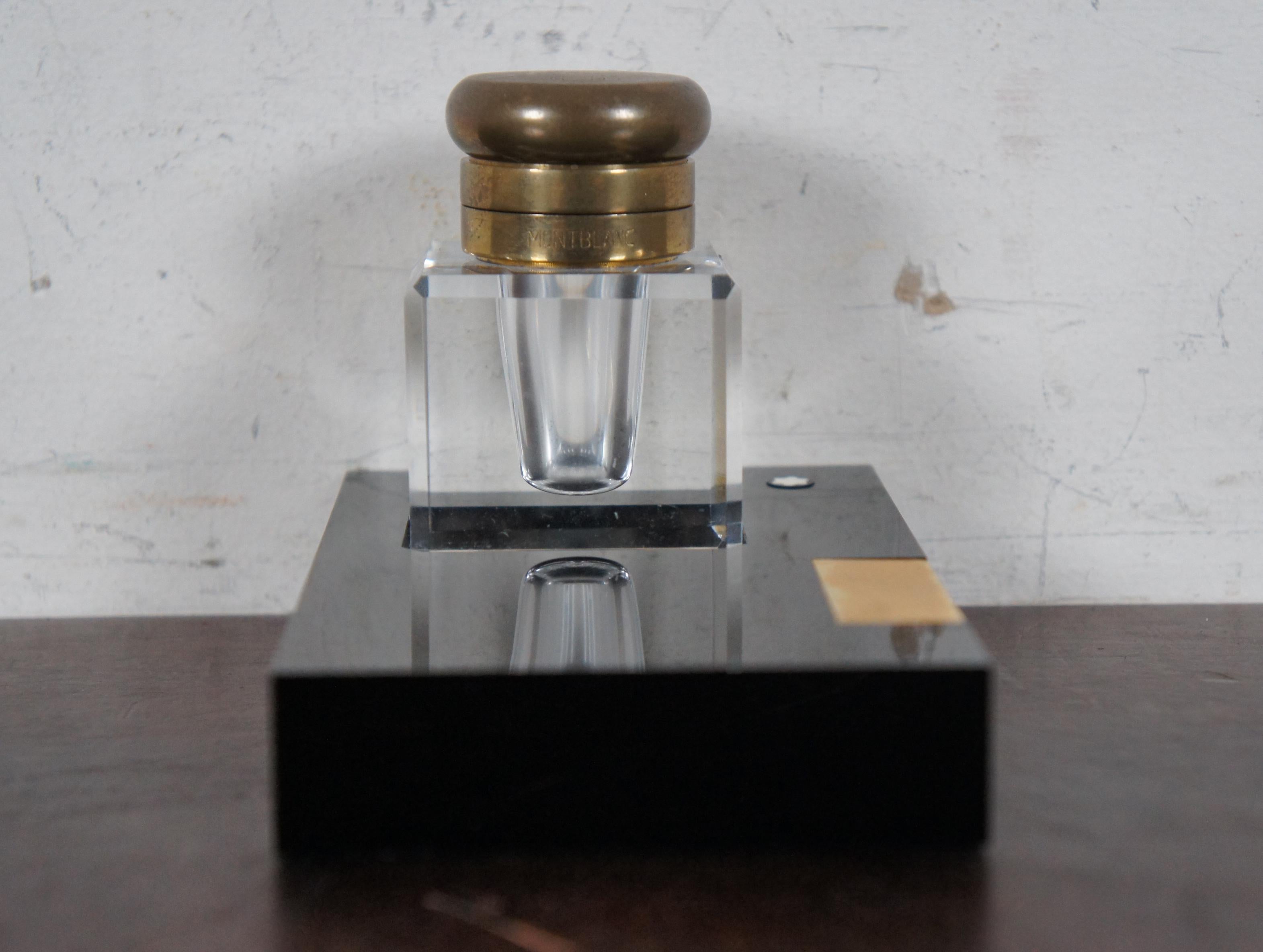 Vintage Montblanc Cut Crystal & Brass Desktop Inkwell Stand Black Gold, Germany 1