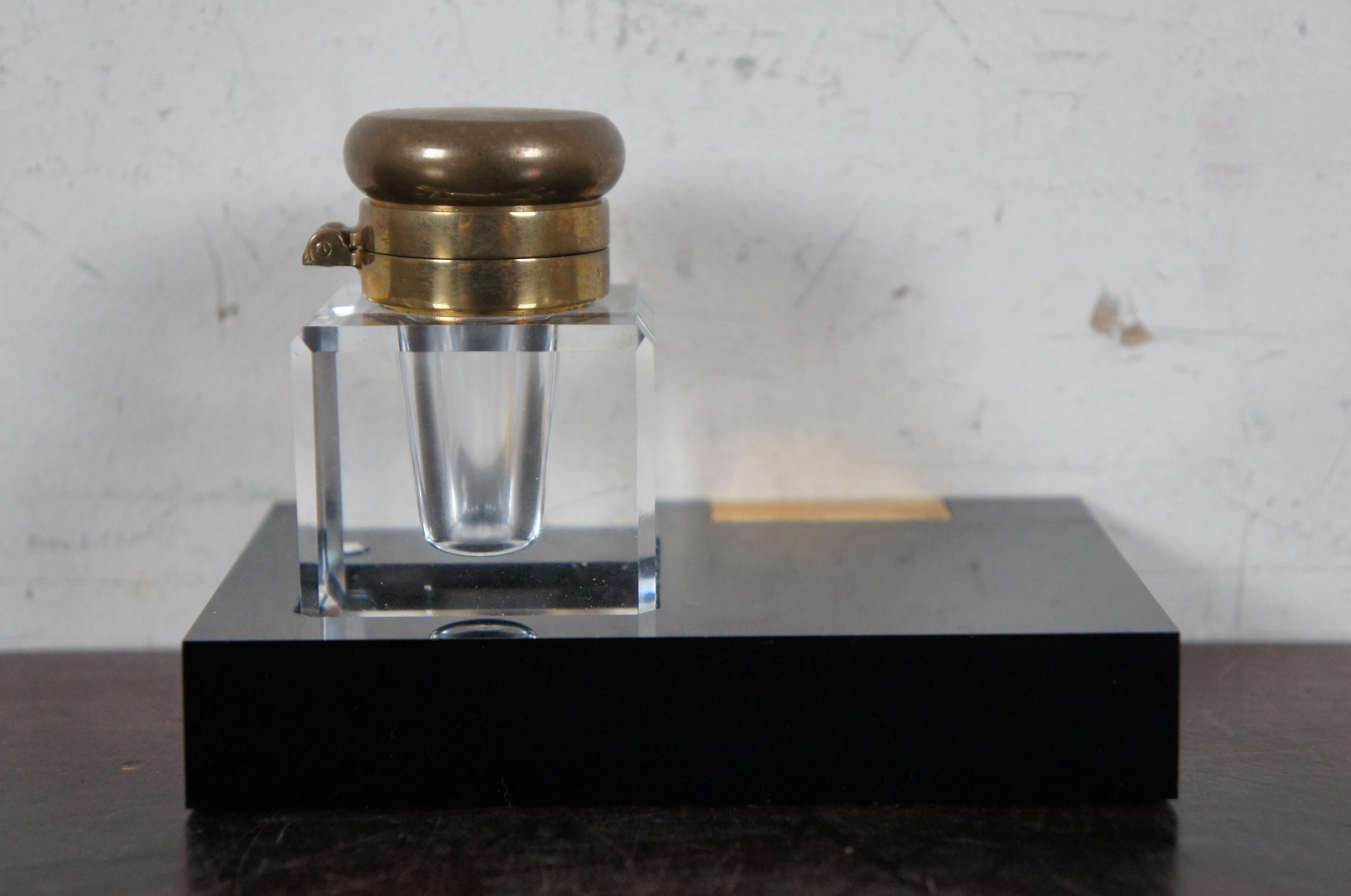 Vintage Montblanc Cut Crystal & Brass Desktop Inkwell Stand Black Gold, Germany 2