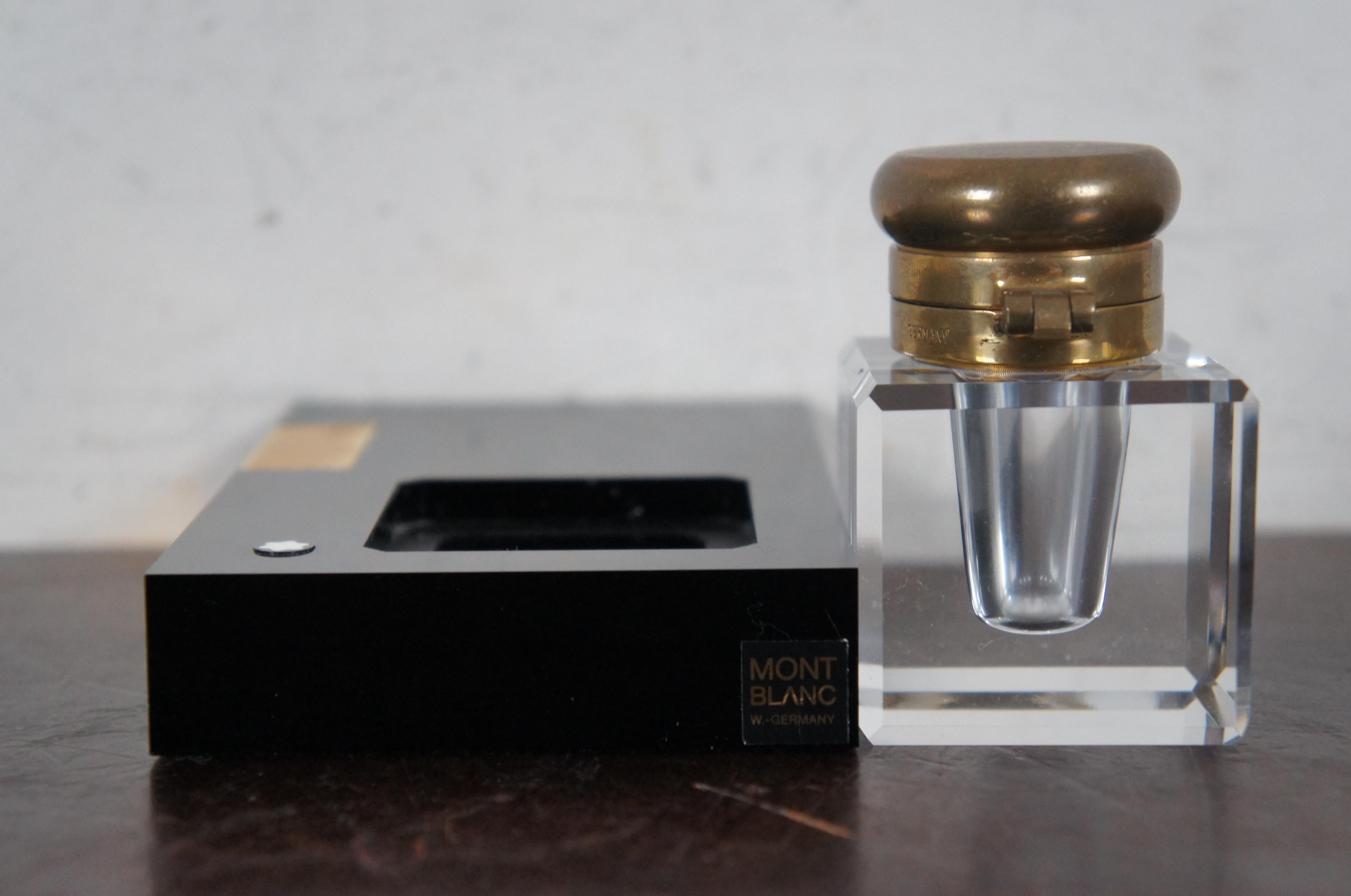 Vintage Montblanc Cut Crystal & Brass Desktop Inkwell Stand Black Gold, Germany 3