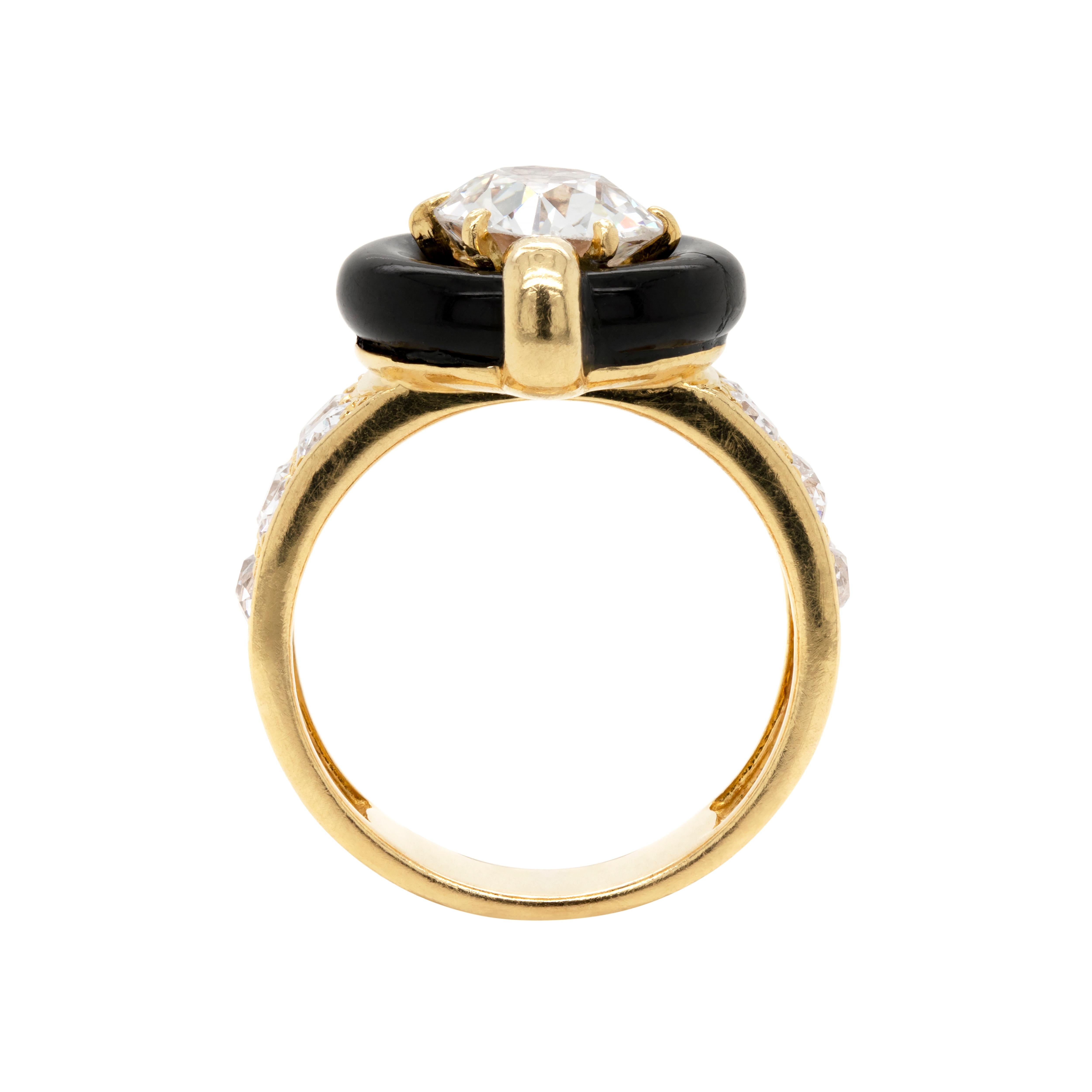 Retro Vintage Montres Mauboussin 1.84ct Old Cut Diamond and Onyx 18K Gold Ring, French For Sale