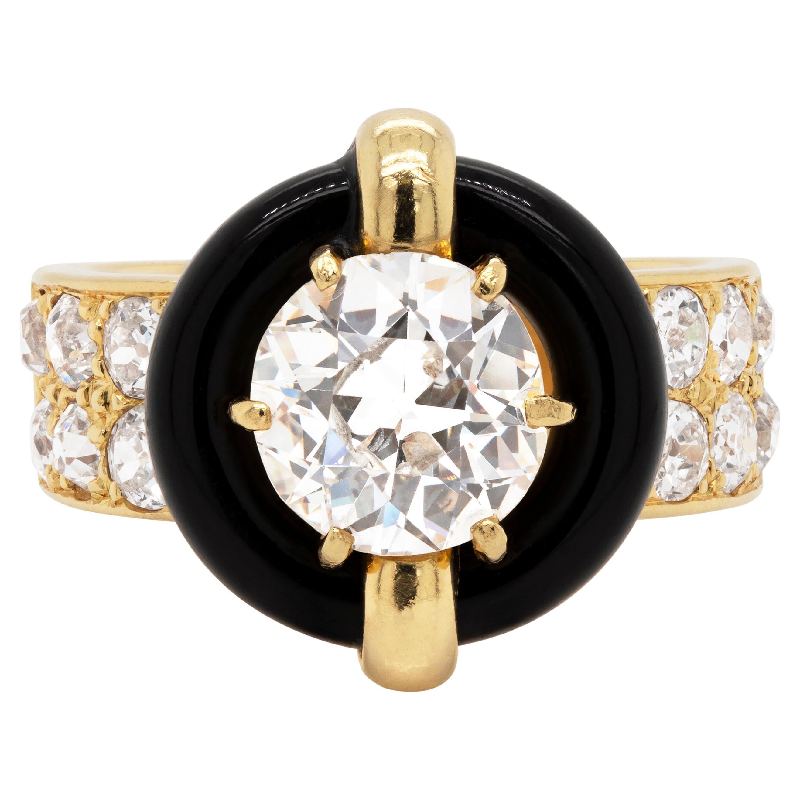 Vintage Montres Mauboussin 1.84ct Old Cut Diamond and Onyx 18K Gold Ring, French For Sale