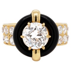 Vintage Montres Mauboussin 1.84ct Old Cut Diamond and Onyx 18K Gold Ring, French