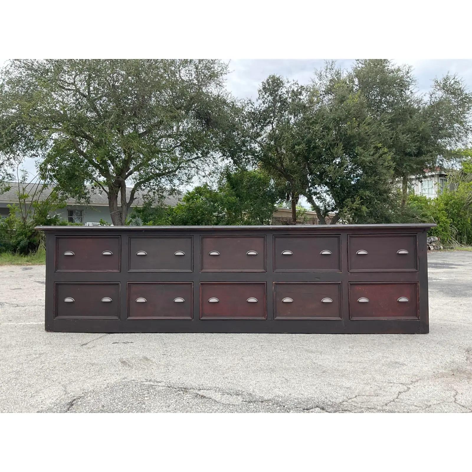 Vintage Monumemtal Rustic Pharmacy Credenza In Good Condition For Sale In west palm beach, FL