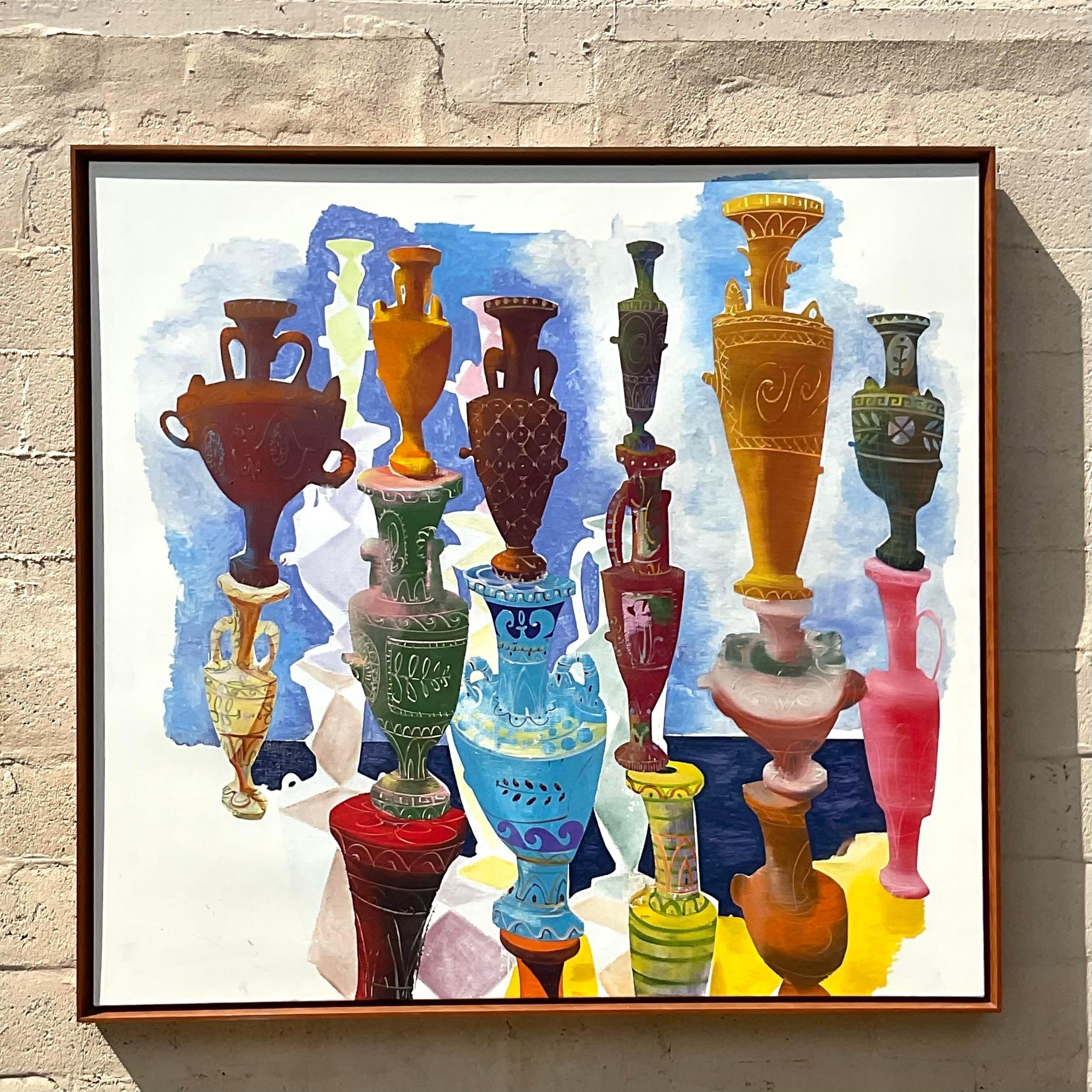 A chic vintage original oil painting on canvas. A monumental 1980s composition of European urns in multiple colors and sizes. Signed on the back. Acquired from a Palm Beach estate.