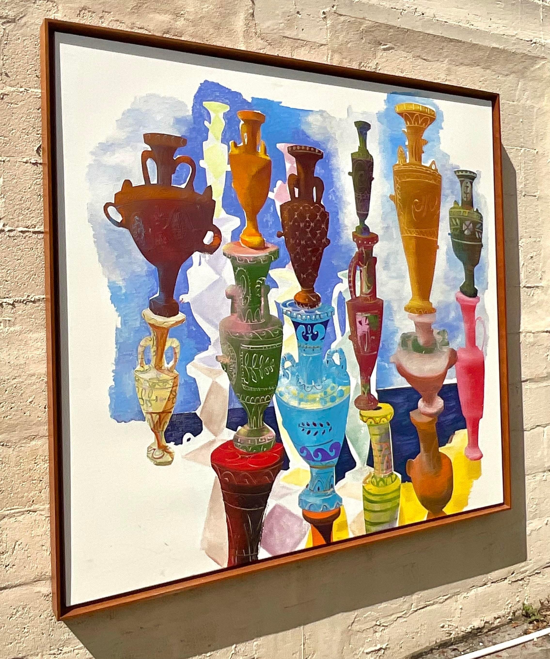 American Vintage Monumental 1980s Original Oil Painting of Urns on Canvas For Sale