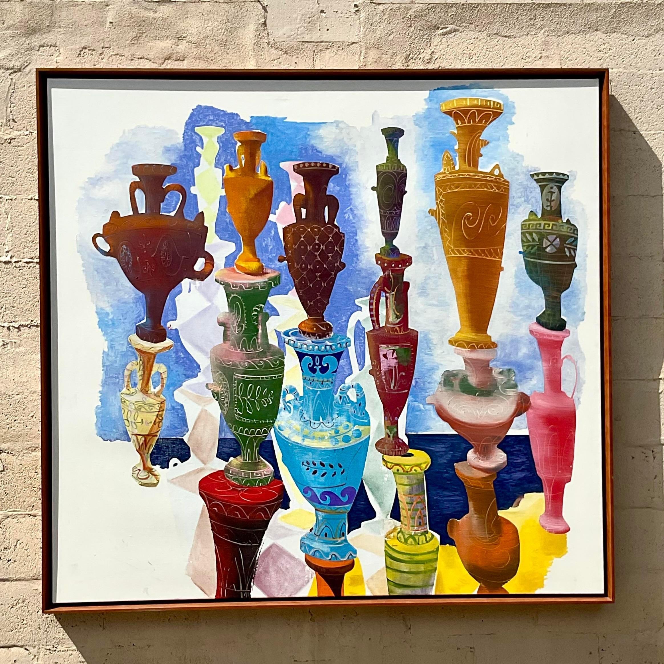 20th Century Vintage Monumental 1980s Original Oil Painting of Urns on Canvas For Sale