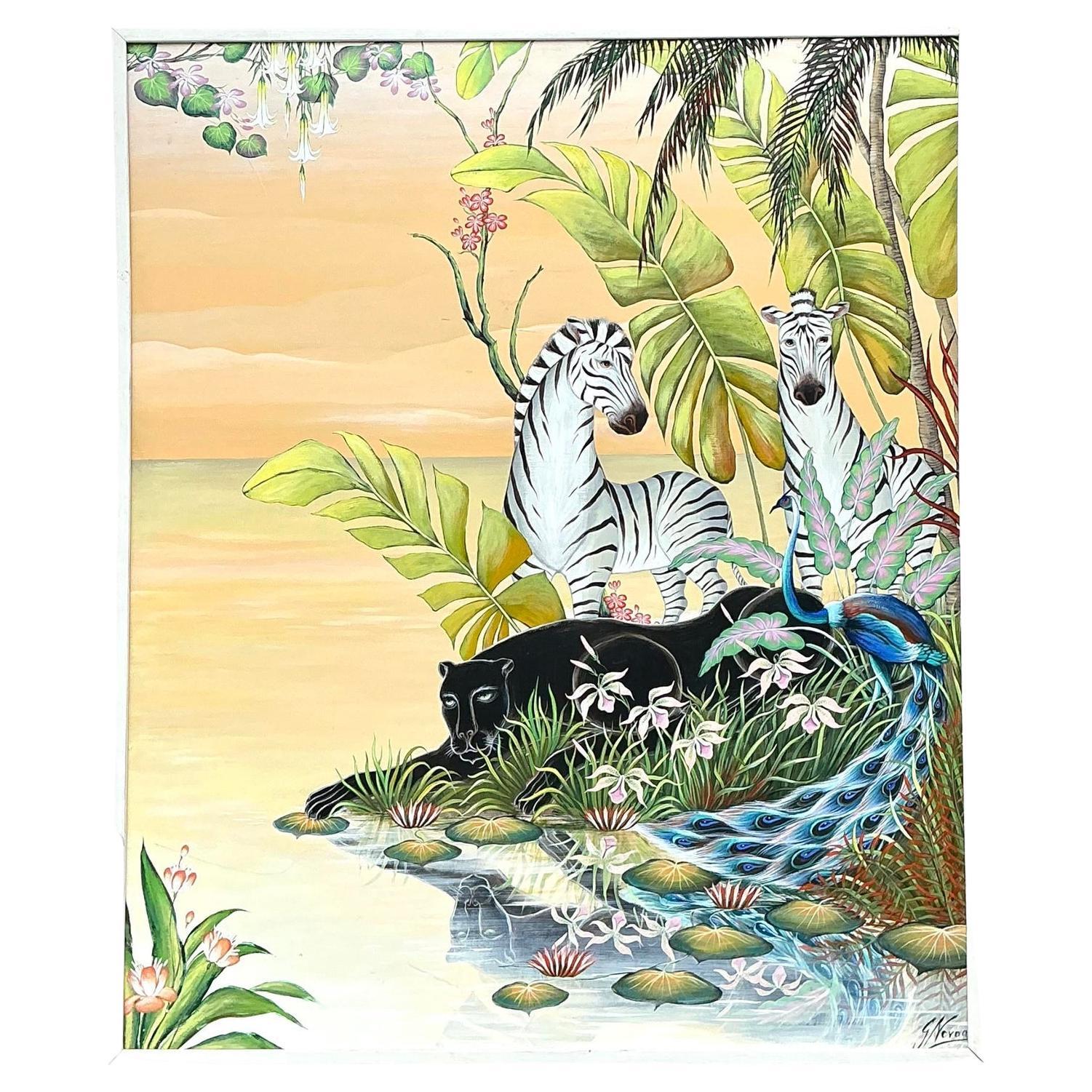 Vintage Monumental 1999 Original Jungle Painting on Canvas
