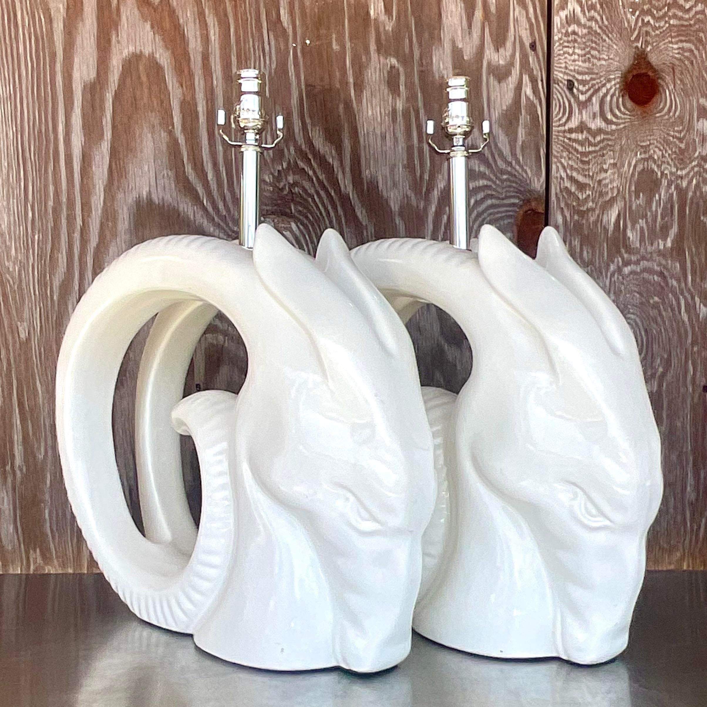 North American Vintage Monumental 80s Glazed Ceramic Rams Head Lamps - a Pair For Sale